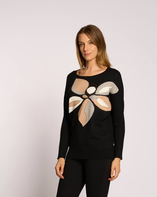 Maglia con intarsio a fiore e strass
