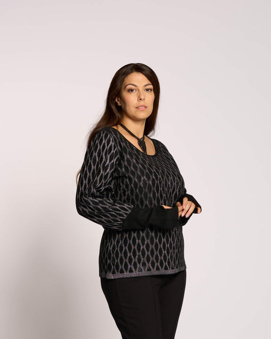 Maglia con strass neri e polsi alti curvy