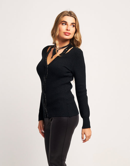 Maglia con treccia con diamanti e paillettes