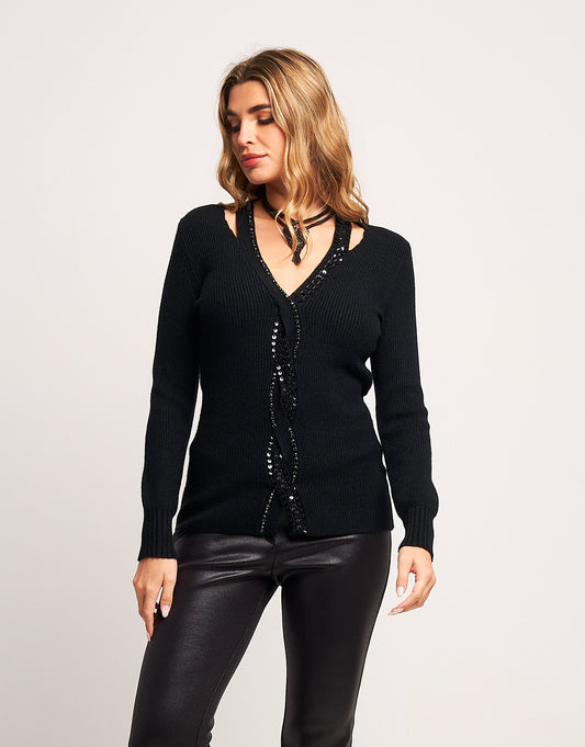 Maglia con treccia con diamanti e paillettes