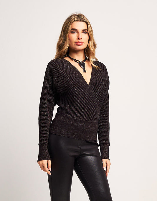 Maglia incrociata a coste con lurex