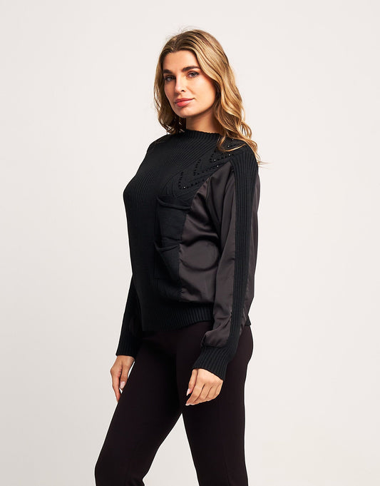 Maglione a coste con raso e strass