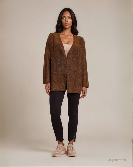 Cardigan aperto in maglia filato con paillettes moka