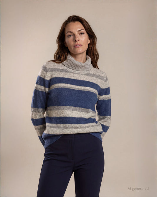 Maglia collo alto a righe miste e filato con paillettes denim