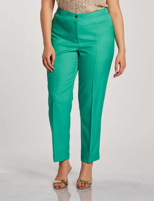 Pantalone in fresco di lana con risvolti e cinturino curvy