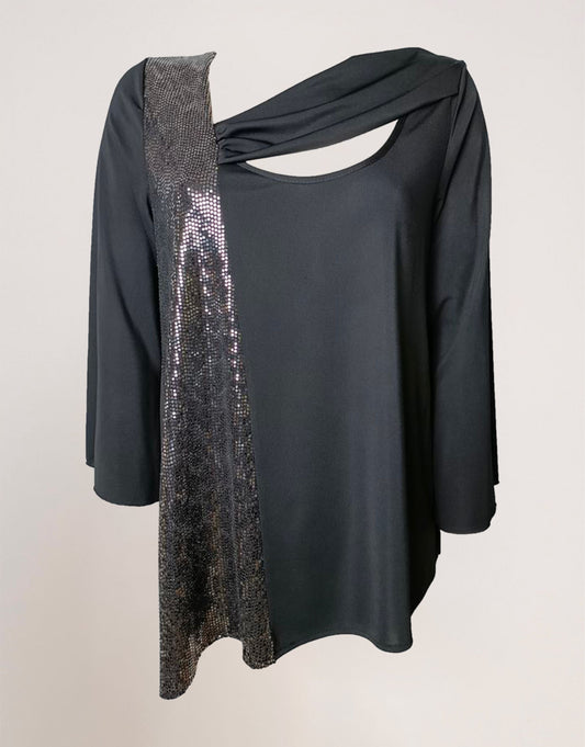 T-shirt asimmetrica con drappeggio e paillettes curvy