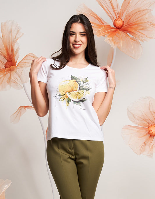 T-shirt con stampa limoni e strass