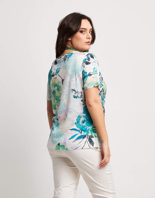 T-shirt stampata con punta e volants curvy