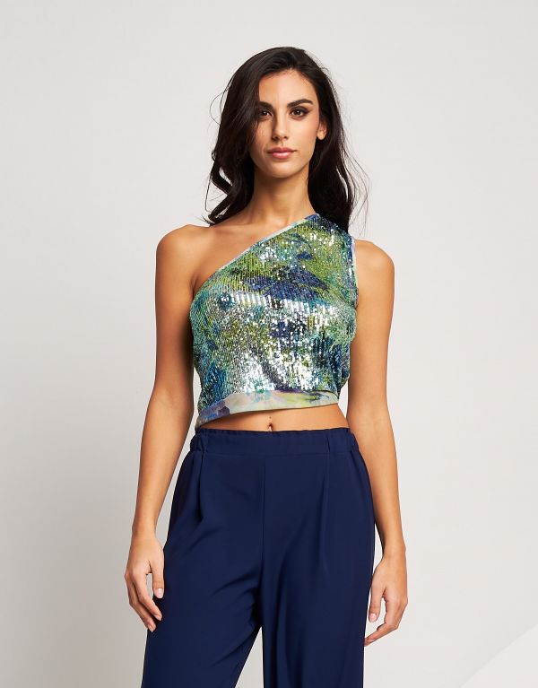 Top monospalla con paillettes
