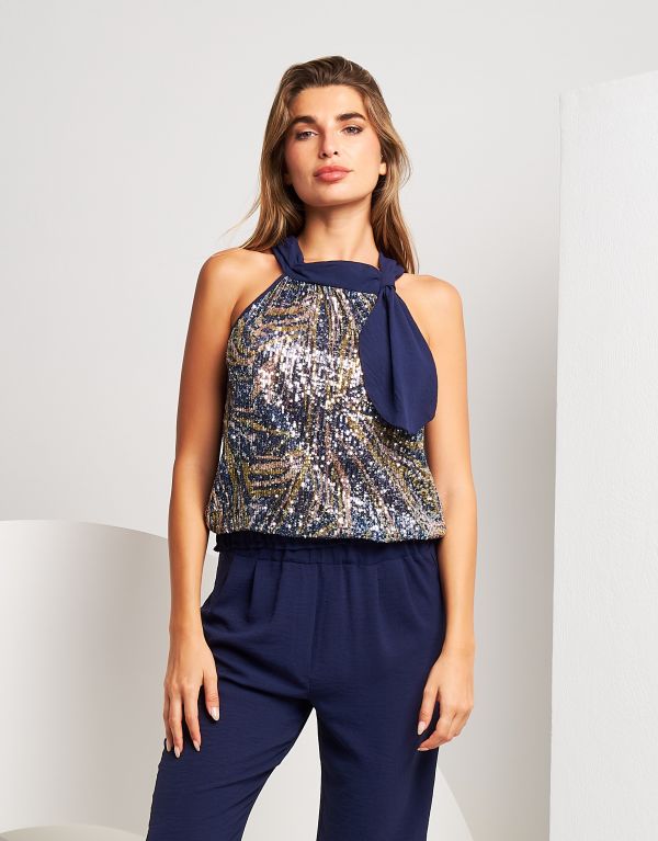 Top con sciarpina e paillettes