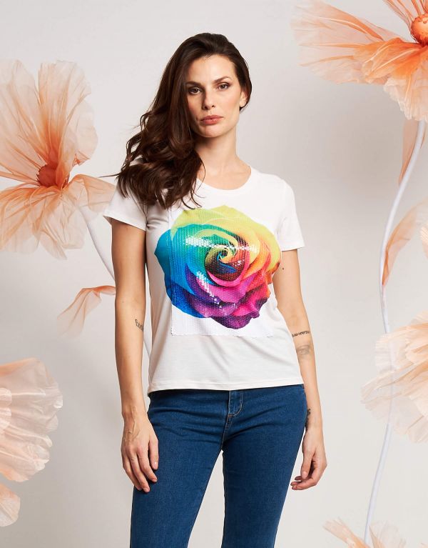 T-shirt con rosa di paillettes