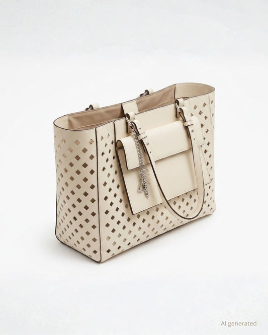 Borsa grande a spalla e tracolla in ecopelle traforata con taschina esterna e pochette removibile panna (più tracolla)