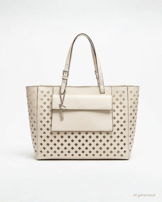 Borsa grande a spalla e tracolla in ecopelle traforata con taschina esterna e pochette removibile panna (più tracolla)