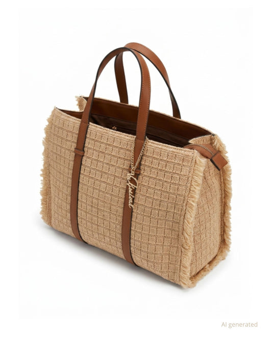 Borsa grande lavorazione a quadretti effetto crochet con frange laterali cammello (più tracolla)