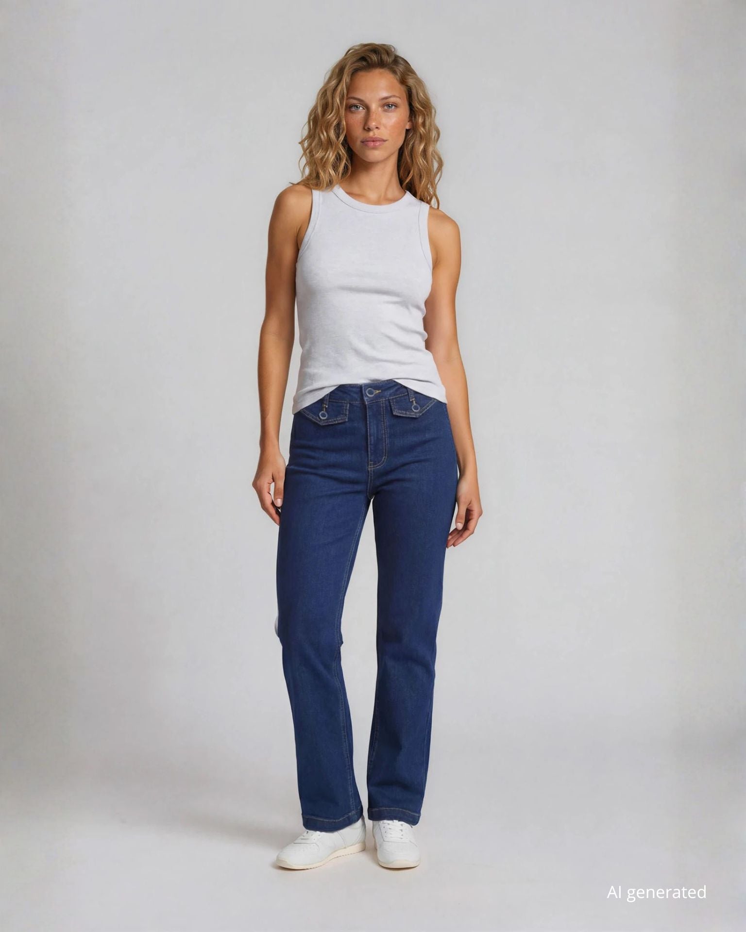 Jeans largo lavaggio scuro con pattine e bottoni