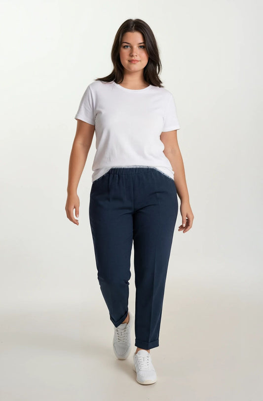Pantalone bistretch con  elastico e risvolto curvy
