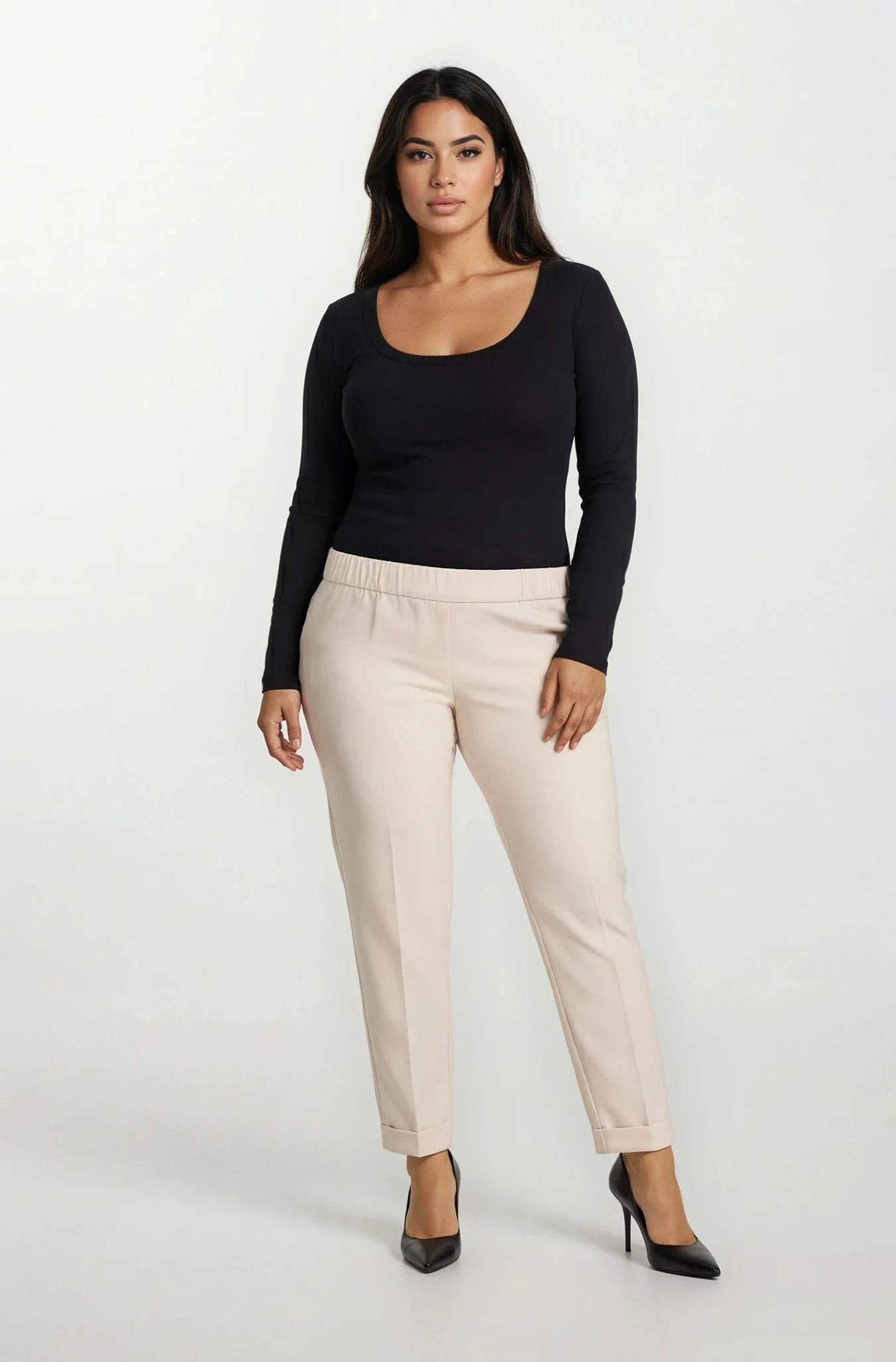 Pantalone bistretch con  elastico e risvolto curvy