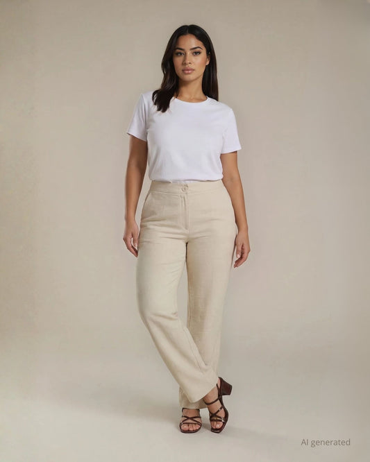 Pantalone beige lungo e dritto in tessuto unito con spacchi sul fondo curvy