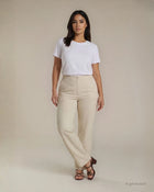 Pantalone lungo e dritto in tessuto unito con spacchi sul fondo beige curvy