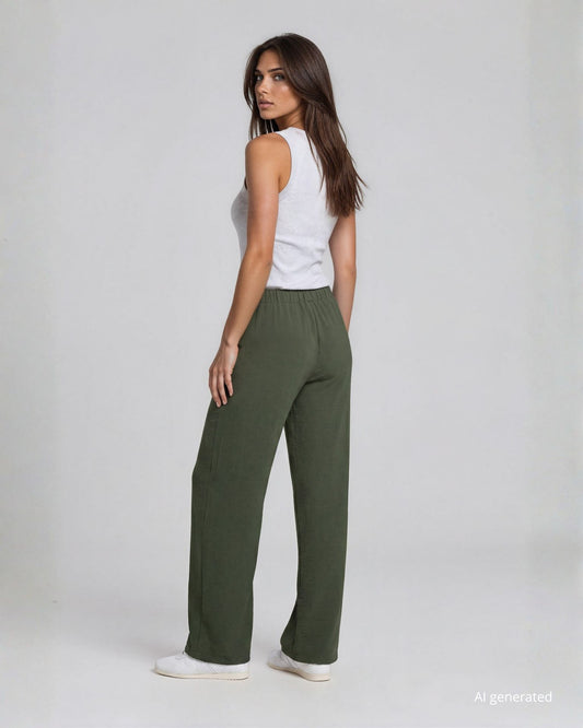 Pantalone palazzo in viscosa bollito con elastico in vita verde militare