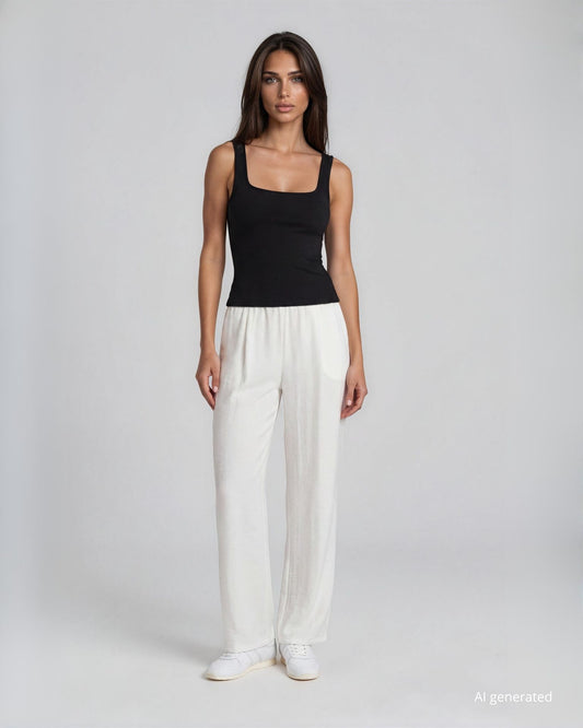 Pantalone palazzo in viscosa bollito con elastico in vita bianco