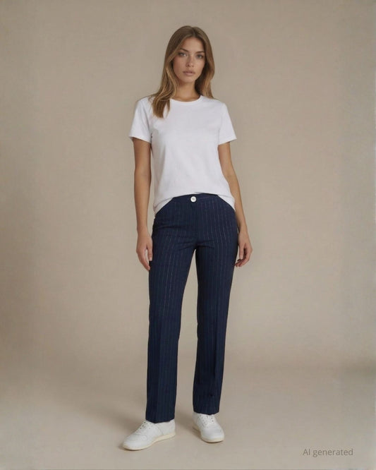 Pantalone gamba dritta in bistretch gessato con cinturino e bottone