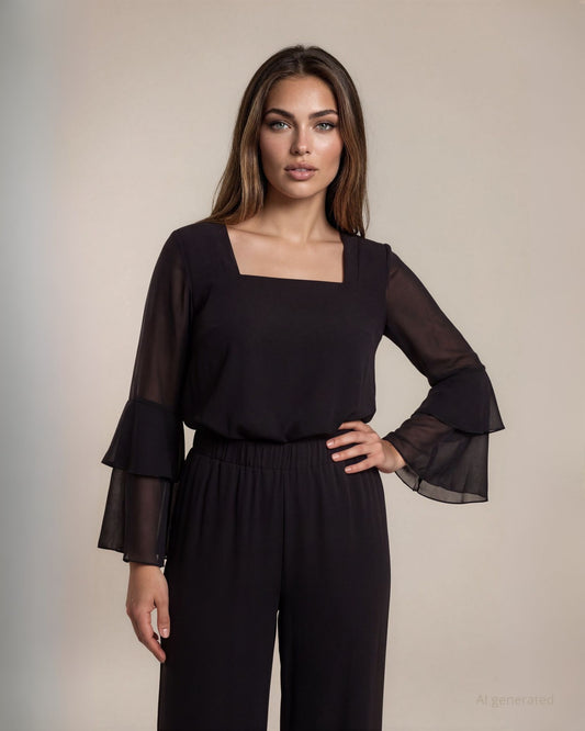Pantalone basico in cady gamba larga con elastico in vita