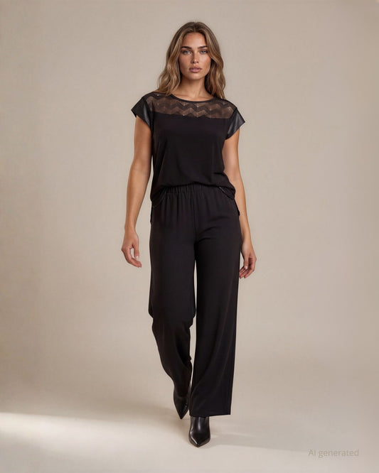 Pantalone basico in cady gamba larga con elastico in vita