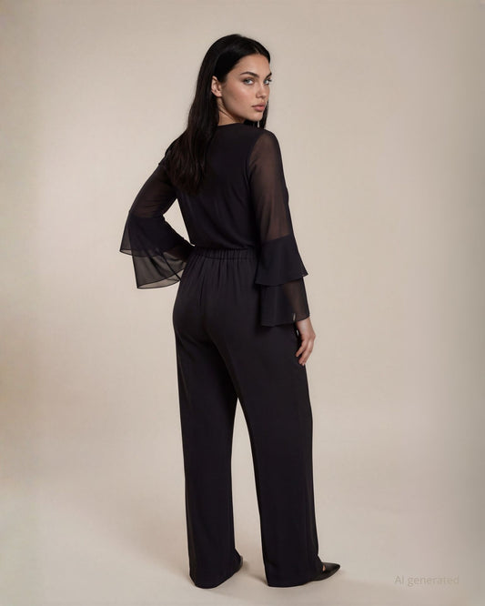Pantalone basico in cady gamba larga con elastico in vita curvy