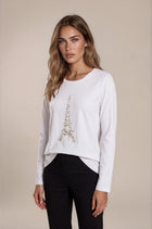 T-shirt bianca in cotone con disegno frontale di perle e strass