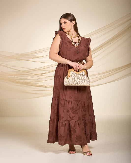 Vestito lungo in viscosa jacquard a balze color cioccolato con motivo floreale curvy