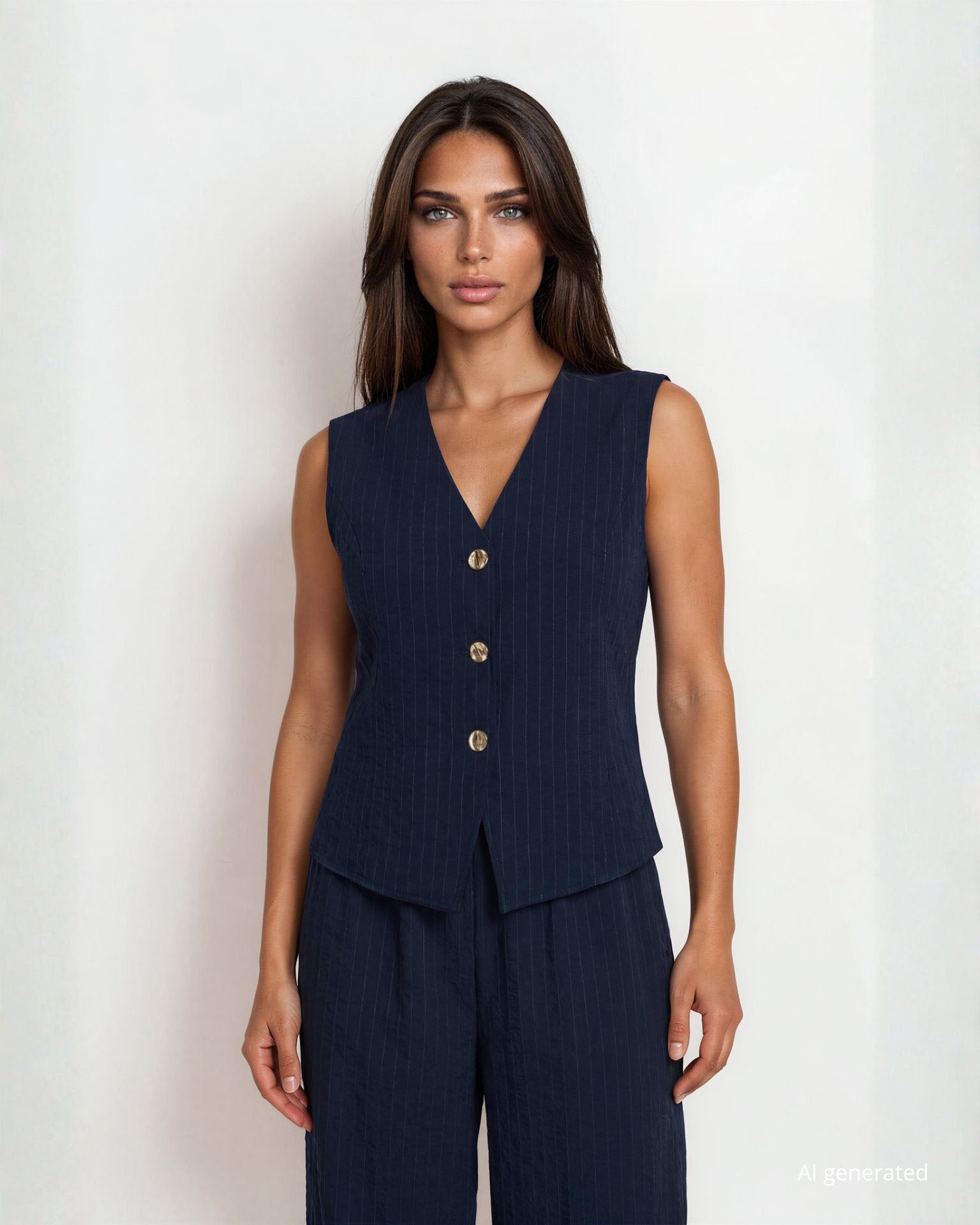 Gilet in viscosa effetto gessato blu con scollo a V e bottoni frontali