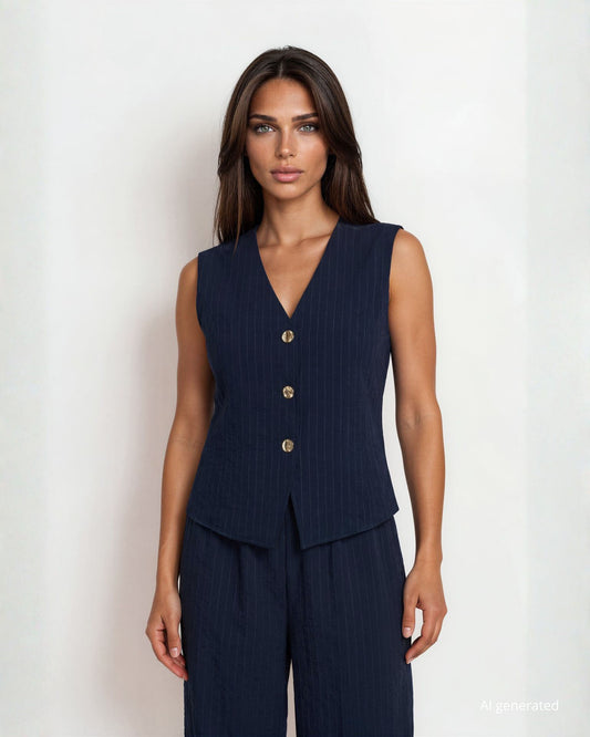 Gilet in viscosa effetto gessato blu con scollo a V e bottoni frontali