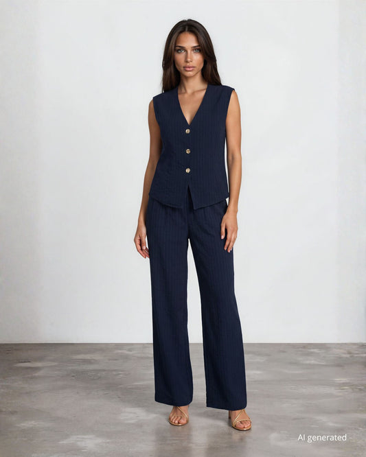Pantalone palazzo in viscosa effetto gessato blu con elastico in vita