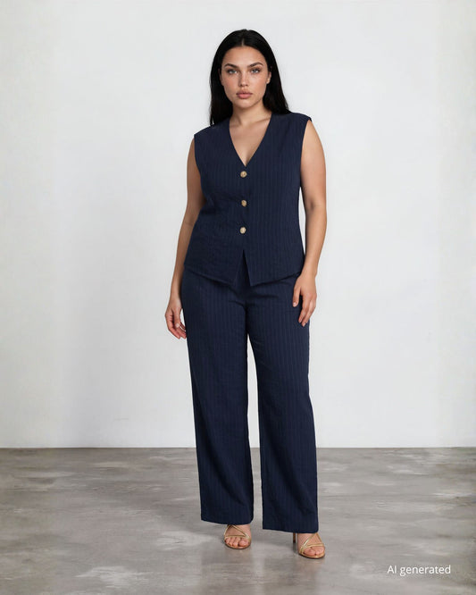 Pantalone palazzo in viscosa effetto gessato blu con elastico in vita curvy