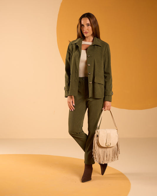 Pantalone effetto velluto a coste con zip e cinturino