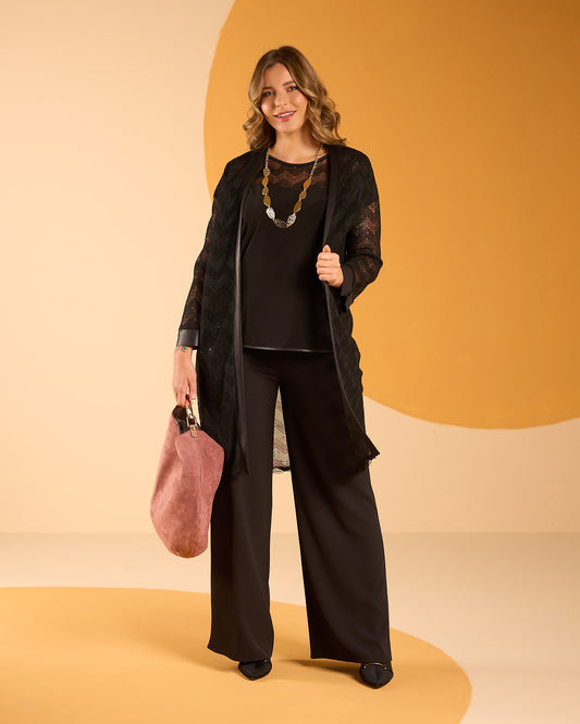 Caban lungo in rete e paillettes con riporti in ecopelle nera curvy