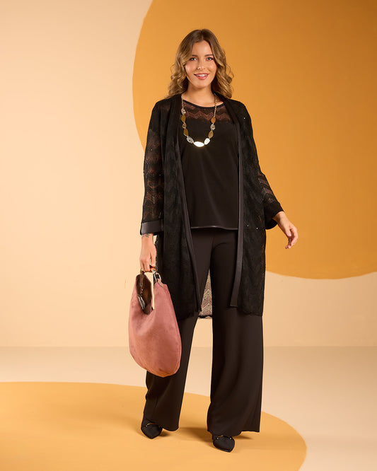 Caban lungo in rete e paillettes con riporti in ecopelle nera curvy