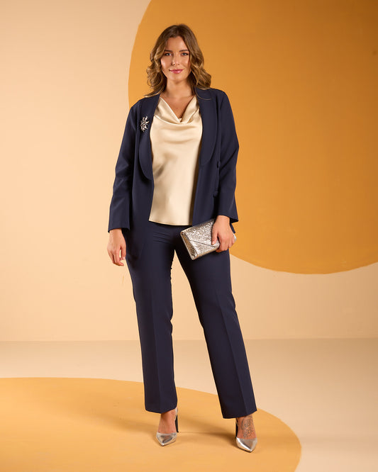 Pantalone dritto in bistretch blu con con cinturino e zip curvy