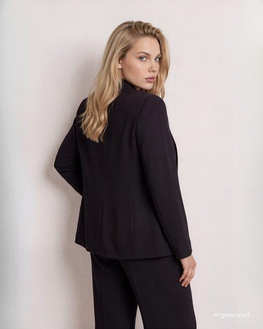 Giacca corta in cady nero con scollo a scialle e bottone centrale curvy
