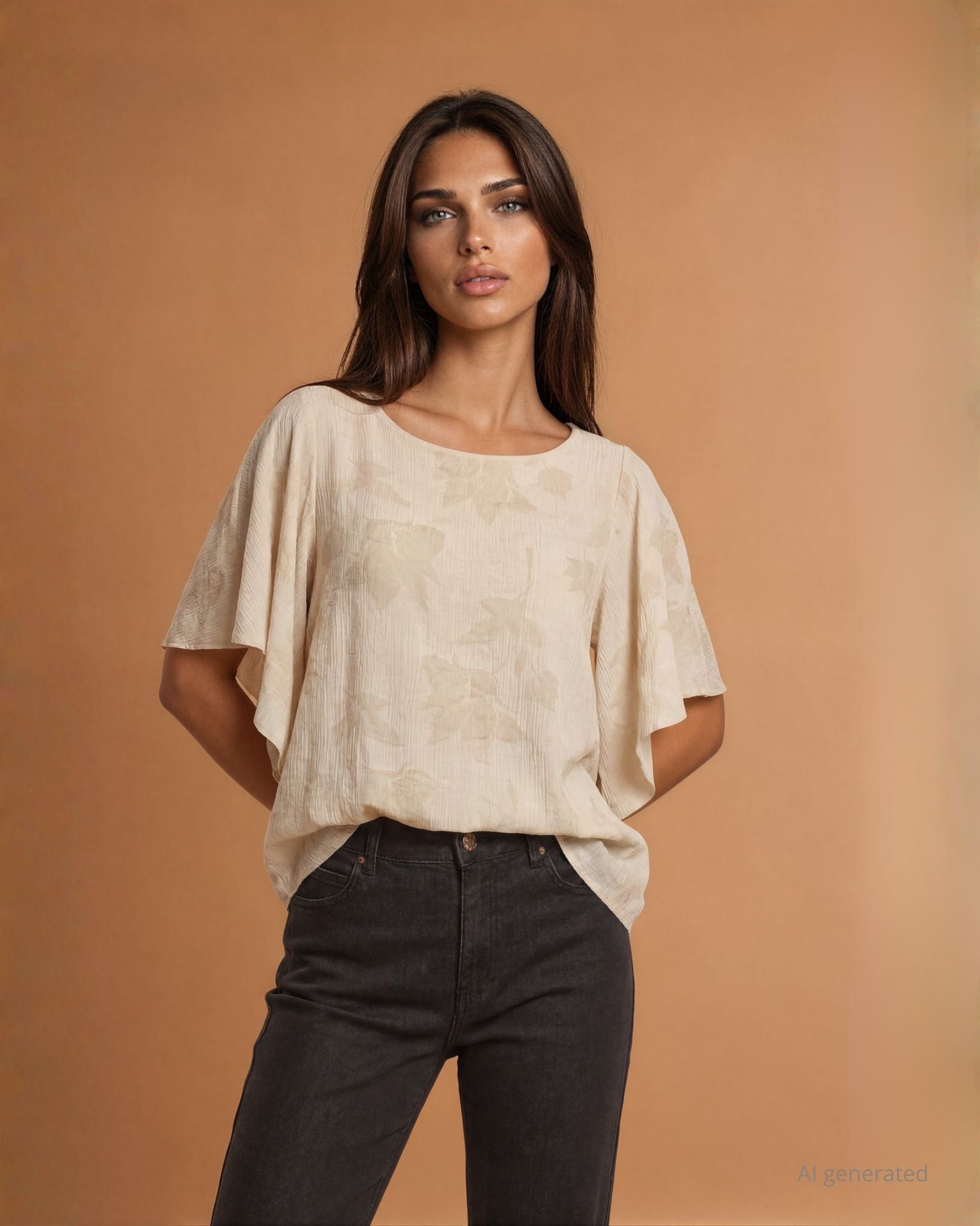 Casacca in jacquard viscosa motivo floreale con maniche ad ala sabbia