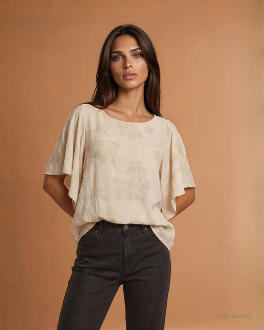 Casacca in jacquard viscosa motivo floreale con maniche ad ala sabbia