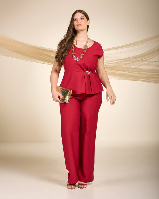 Pantalone palazzo in viscosa con elastico rosso curvy