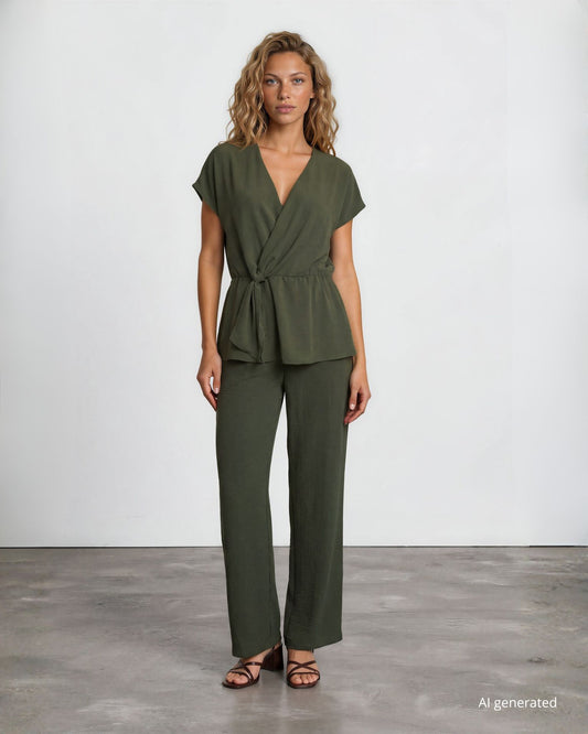 Casacca incrociata a kimono in bollito viscosa verde militare
