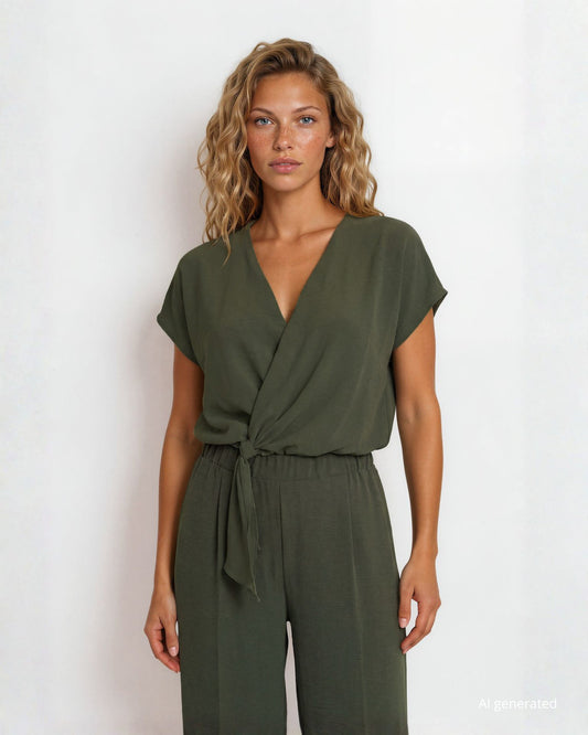 Casacca incrociata a kimono in bollito viscosa verde militare
