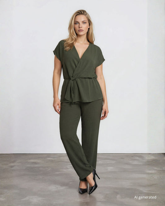 Casacca incrociata a kimono in bollito viscosa verde militare curvy