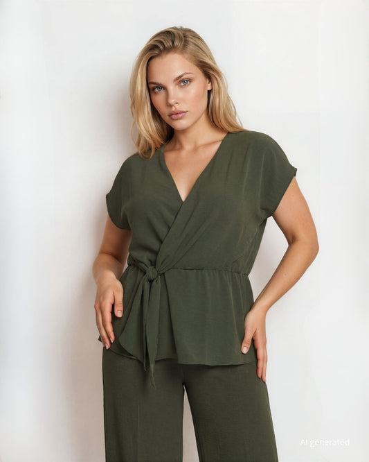 Casacca incrociata a kimono in bollito viscosa verde militare curvy