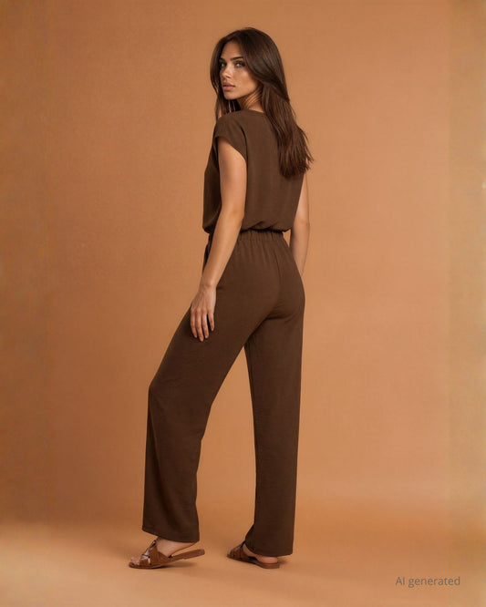 Pantalone palazzo in viscosa bollito con elastico in vita cioccolato curvy