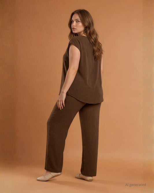 Pantalone palazzo in viscosa bollito con elastico in vita cioccolato