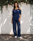 Pantalone palazzo in viscosa bollito con elastico in vita blu